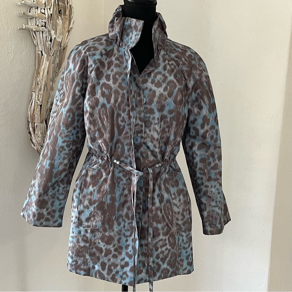 Simonton Says Women Animal Print Anorak Jacket XS Blue Grey Tie Waist Rain Slick
